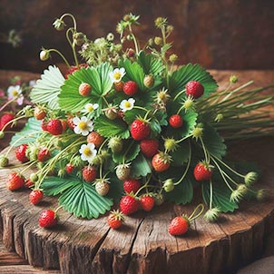 Fresas silvestres sobre un tronco